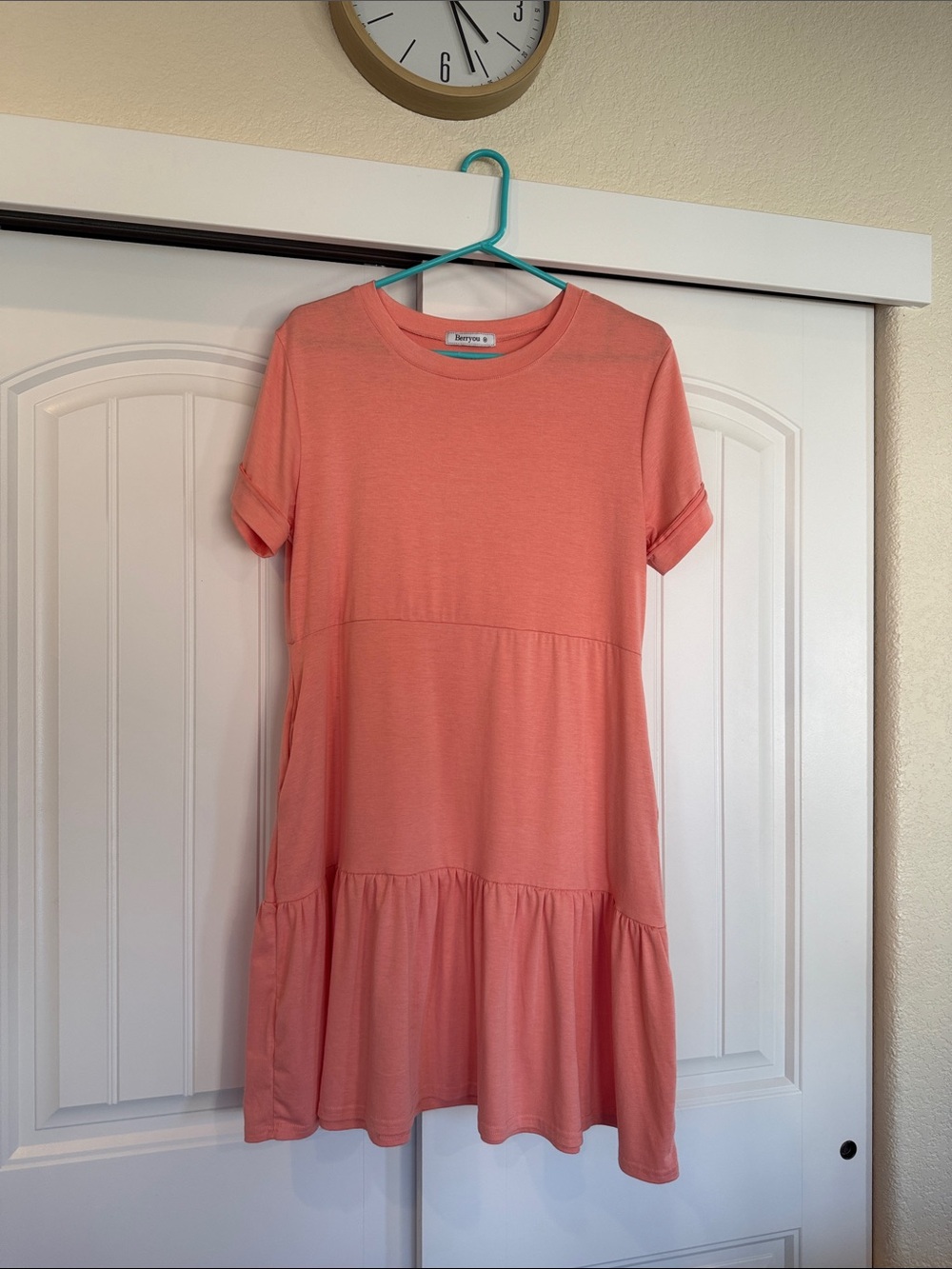 Coral Pink Women’s Tiered Short Sleeve Dress